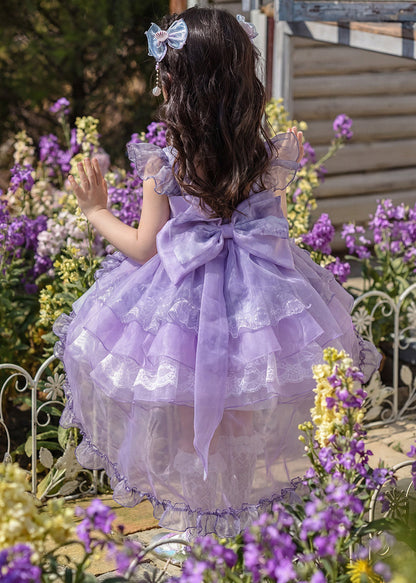 New Purple Ruffled Floral Tulle Girls Long Dress Summer