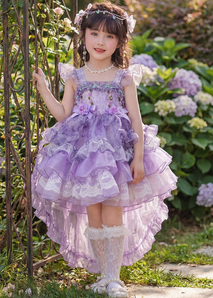 New Purple Ruffled Floral Tulle Girls Long Dress Summer
