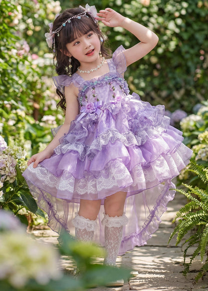 New Purple Ruffled Floral Tulle Girls Long Dress Summer