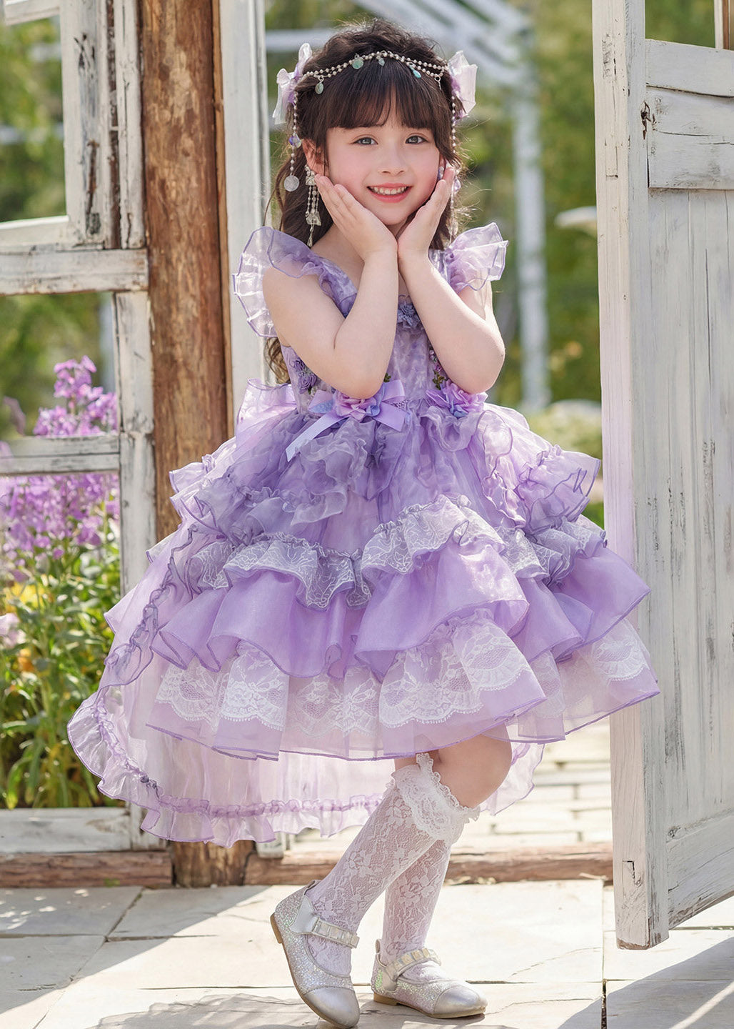 New Purple Ruffled Floral Tulle Girls Long Dress Summer