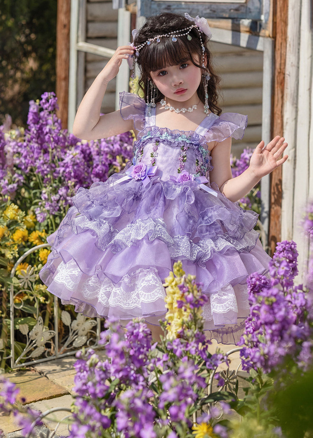 New Purple Ruffled Floral Tulle Girls Long Dress Summer