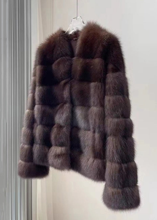 Nuevo abrigo de piel y cuello en V morado con bolsillos para invierno