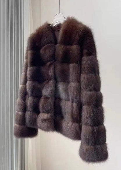 Nuevo abrigo de piel y cuello en V morado con bolsillos para invierno