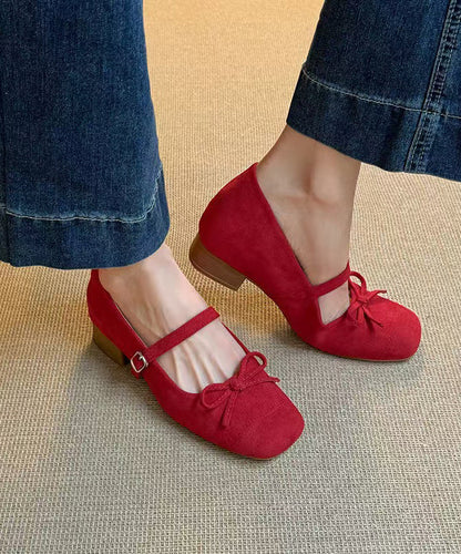 New Red Buckle Strap Bow Splicing Chunky Shoes Suede