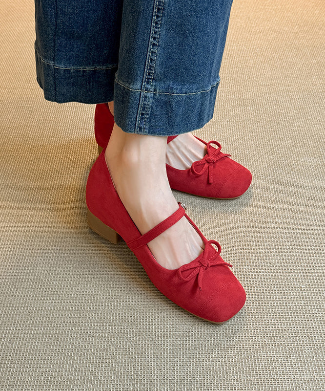 New Red Buckle Strap Bow Splicing Chunky Shoes Suede