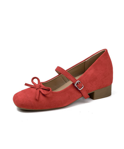 New Red Buckle Strap Bow Splicing Chunky Shoes Suede