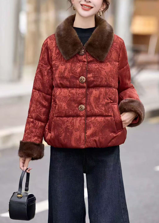Neue rote Jacquard-Steppjacke mit Pelzkragen und feiner Baumwollfüllung für den Winter
