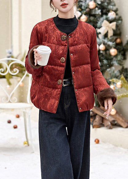 New Red Jacquard Fur Collar Fine Cotton Filled Puffer Jacket Winter