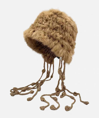 Nuevo gorro con borlas y protección para las orejas de punto de piel de conejo rojo