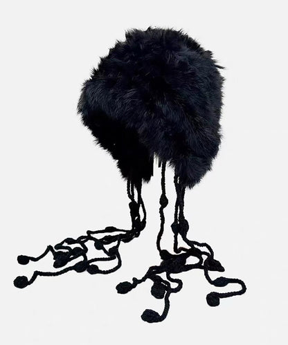 Nuevo gorro con borlas y protección para las orejas de punto de piel de conejo rojo