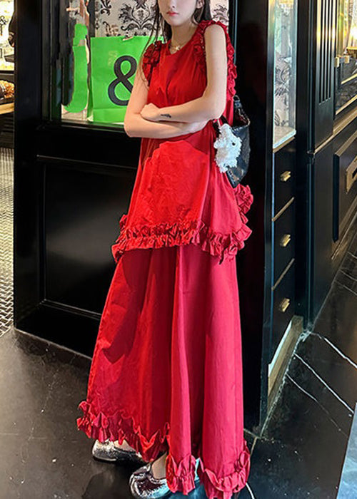 Neu Rot Rüschen Tops Und Röcke Baumwolle Zwei Stück Set Ärmellose