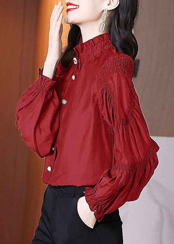 New Red Stand Collar Wrinkled Button Cotton Blouse Spring