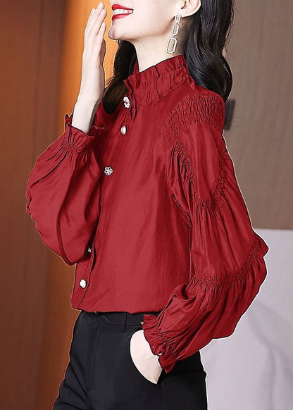New Red Stand Collar Wrinkled Button Cotton Blouse Spring