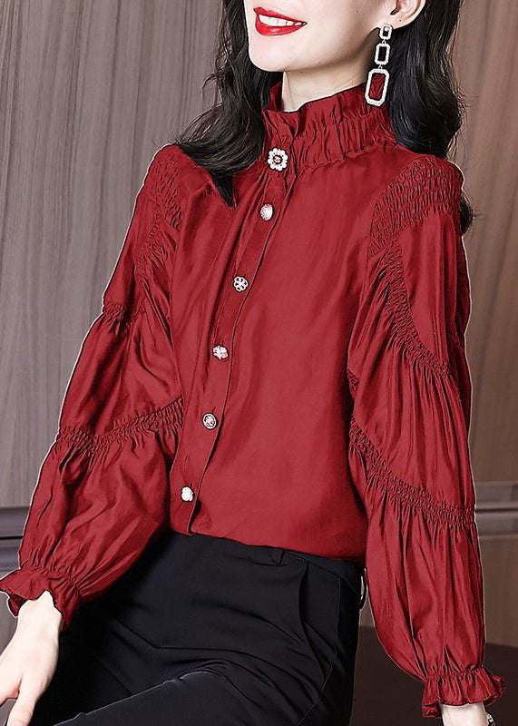 New Red Stand Collar Wrinkled Button Cotton Blouse Spring