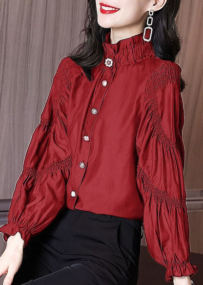 New Red Stand Collar Wrinkled Button Cotton Blouse Spring