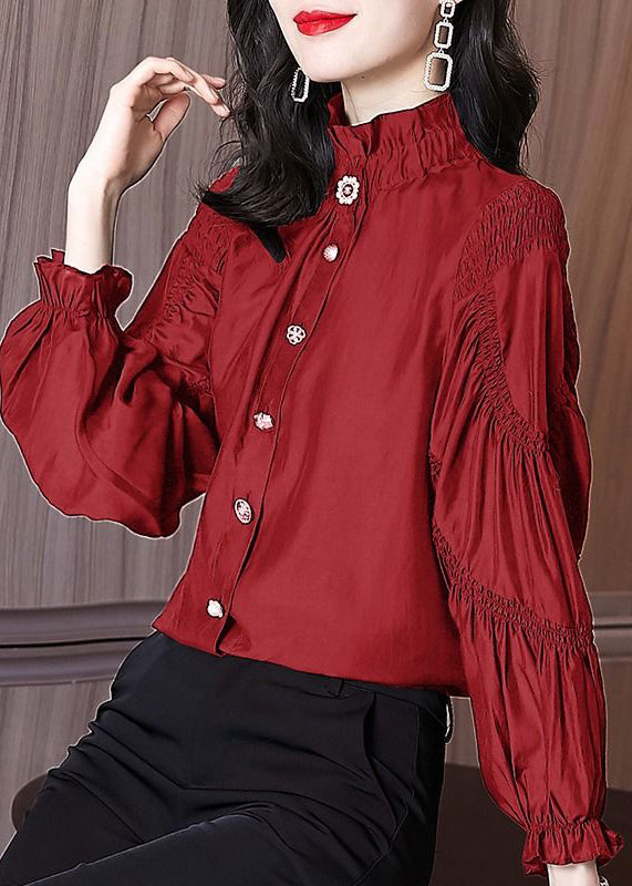 New Red Stand Collar Wrinkled Button Cotton Blouse Spring