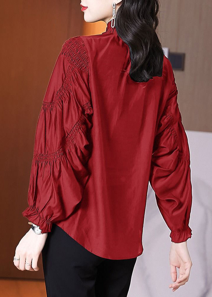 New Red Stand Collar Wrinkled Button Cotton Blouse Spring