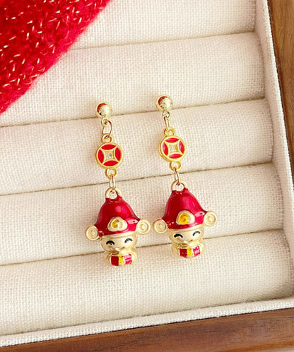 Neue rote Sterlingsilber-Ohrhänger mit vergoldetem Anhänger und dem Motiv „Gott des Reichtums“