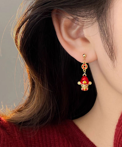 Neue rote Sterlingsilber-Ohrhänger mit vergoldetem Anhänger und dem Motiv „Gott des Reichtums“