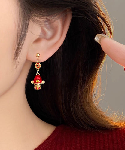 Neue rote Sterlingsilber-Ohrhänger mit vergoldetem Anhänger und dem Motiv „Gott des Reichtums“