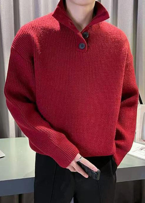 New Red Turtleneck Button Solid Knit Men Sweater Tops Winter