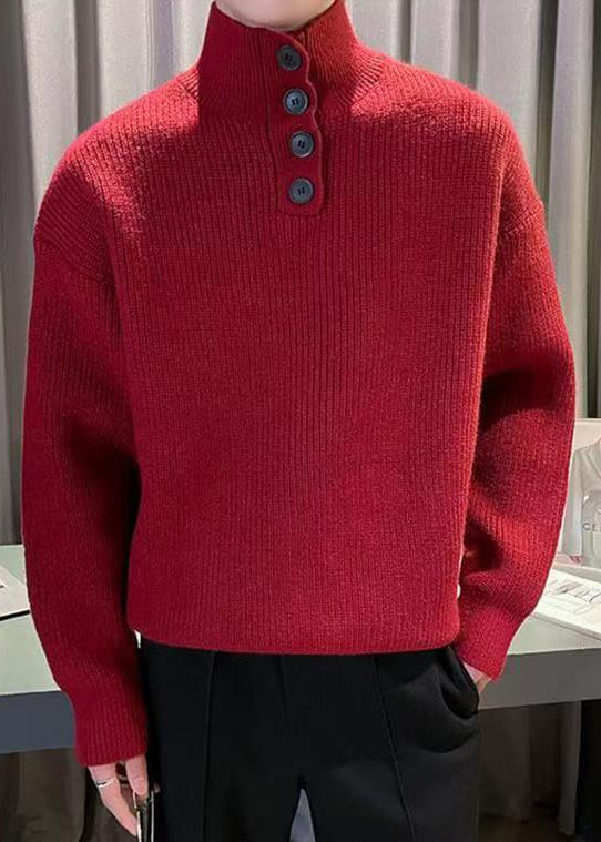 New Red Turtleneck Button Solid Knit Men Sweater Tops Winter