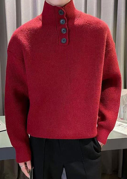 New Red Turtleneck Button Solid Knit Men Sweater Tops Winter