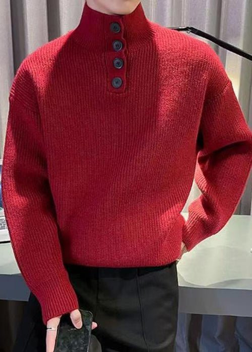 New Red Turtleneck Button Solid Knit Men Sweater Tops Winter