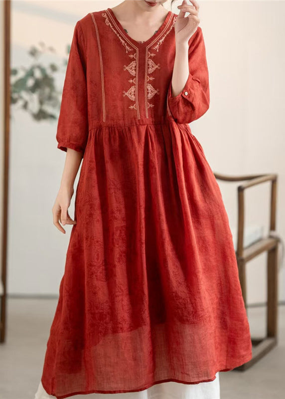 New Red V Neck Embroidered Wrinkled Linen Dress Summer