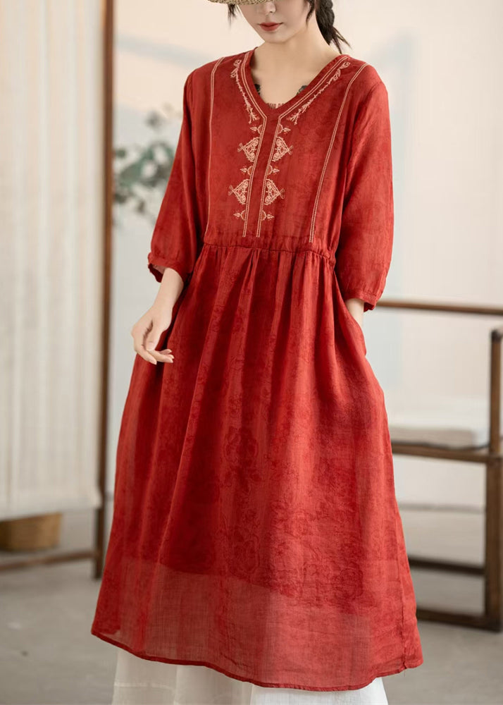 New Red V Neck Embroidered Wrinkled Linen Dress Summer