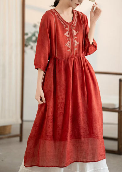 New Red V Neck Embroidered Wrinkled Linen Dress Summer