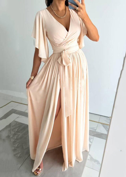 Neu Rot V-ausschnitt Krawatte Taille Seite Offen Baumwolle Maxi Kleid