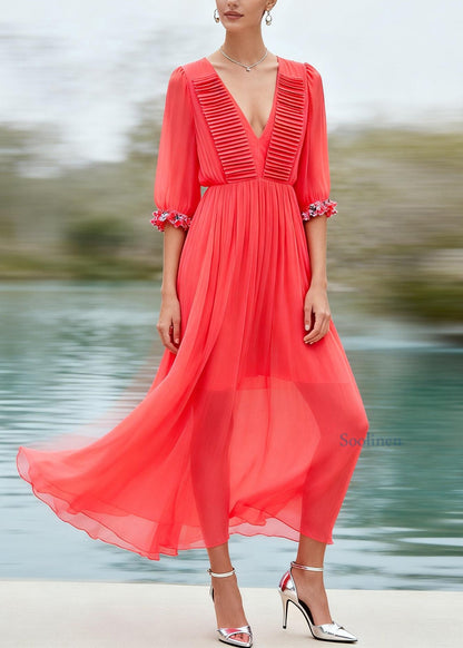 New Red V Neck Wrinkled Floral Patchwork Chiffon Dress Summer