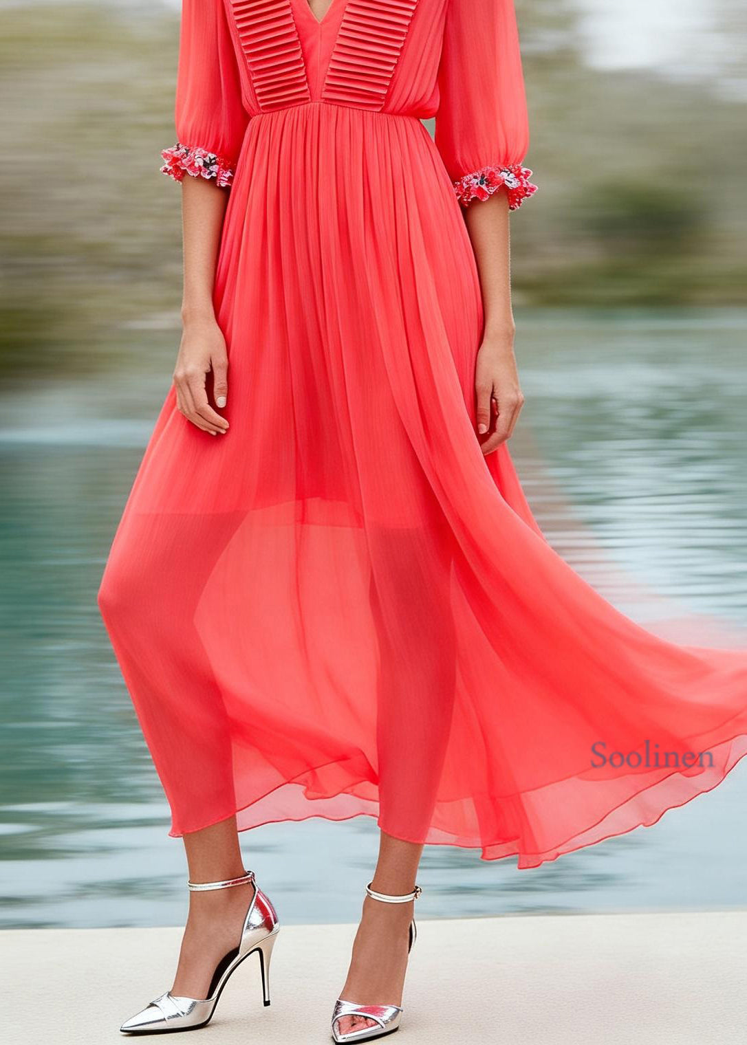 New Red V Neck Wrinkled Floral Patchwork Chiffon Dress Summer