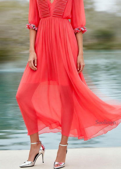New Red V Neck Wrinkled Floral Patchwork Chiffon Dress Summer