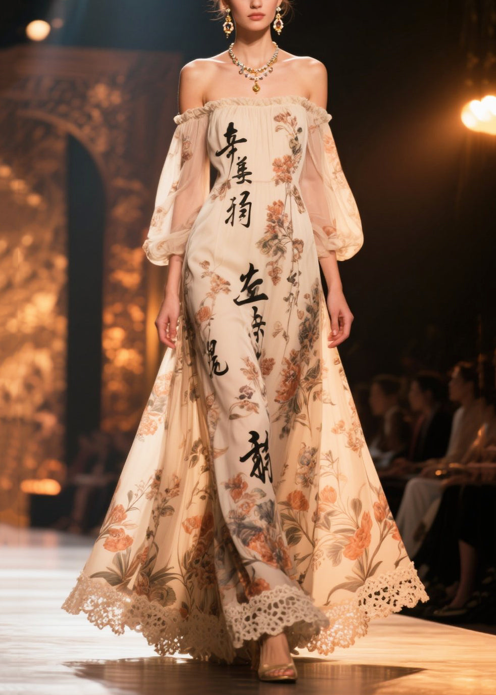 New Retro Apricot Cold Shoulder Print Chiffon Long Dresses Summer