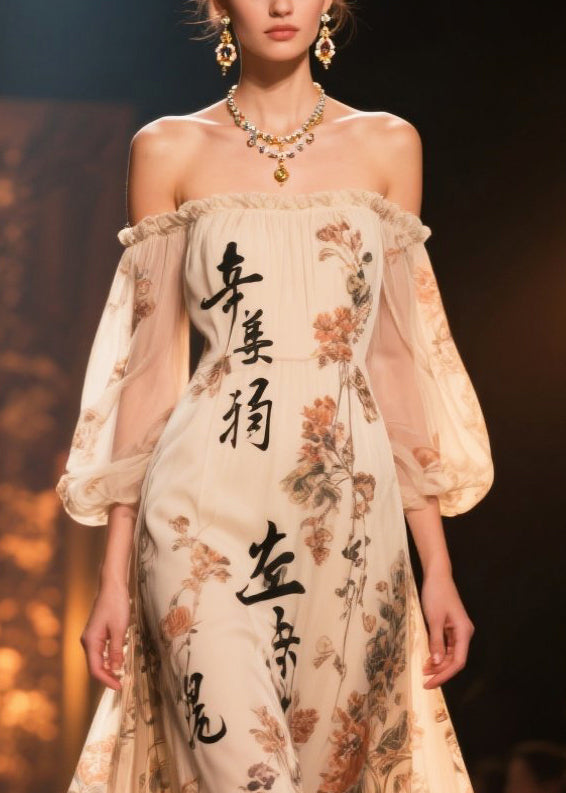 New Retro Apricot Cold Shoulder Print Chiffon Long Dresses Summer