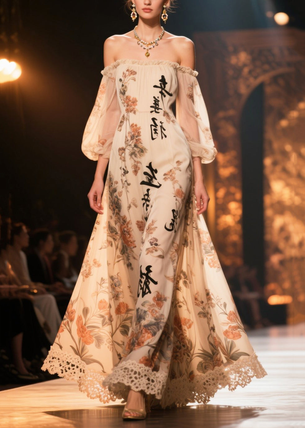 New Retro Apricot Cold Shoulder Print Chiffon Long Dresses Summer