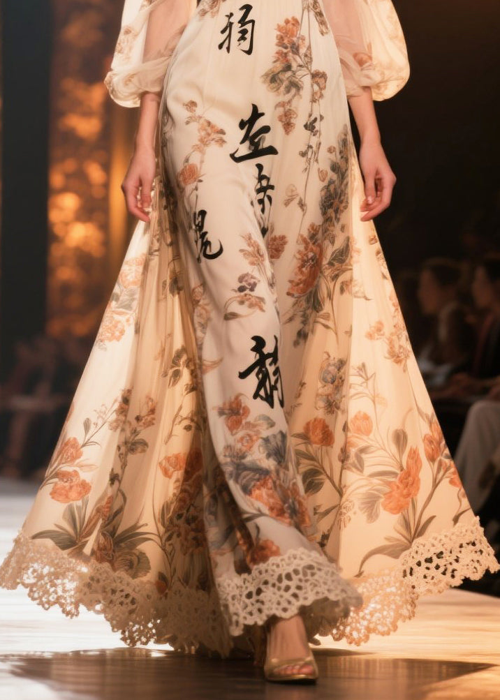 New Retro Apricot Cold Shoulder Print Chiffon Long Dresses Summer