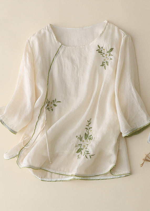 New Retro Apricot Embroidered Chinese Button Linen Shirt Top Summer