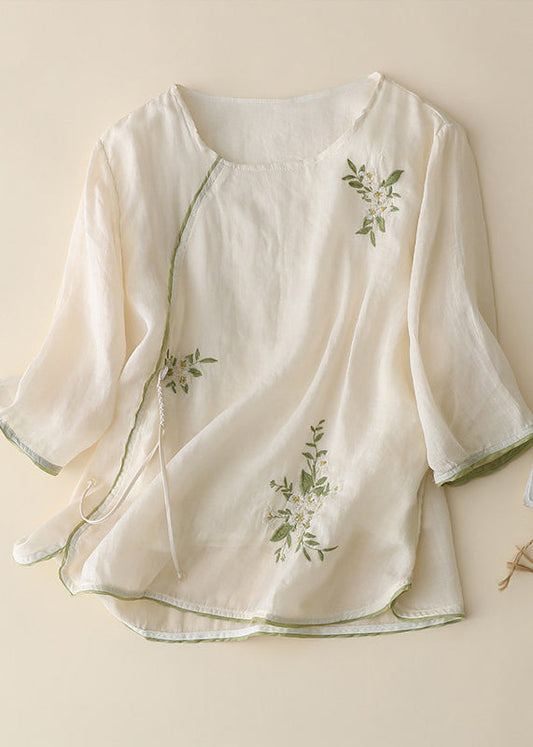 New Retro Apricot Embroidered Chinese Button Linen Shirt Top Summer