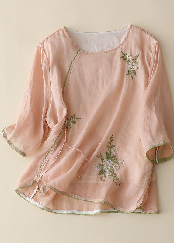 New Retro Apricot Embroidered Chinese Button Linen Shirt Top Summer
