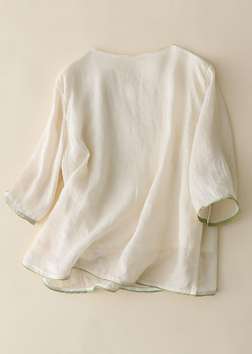 New Retro Apricot Embroidered Chinese Button Linen Shirt Top Summer