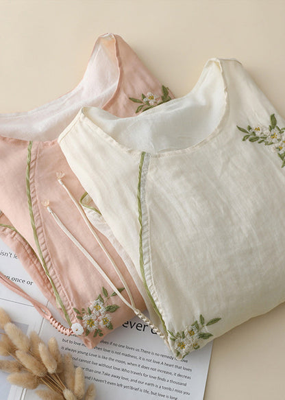 New Retro Apricot Embroidered Chinese Button Linen Shirt Top Summer