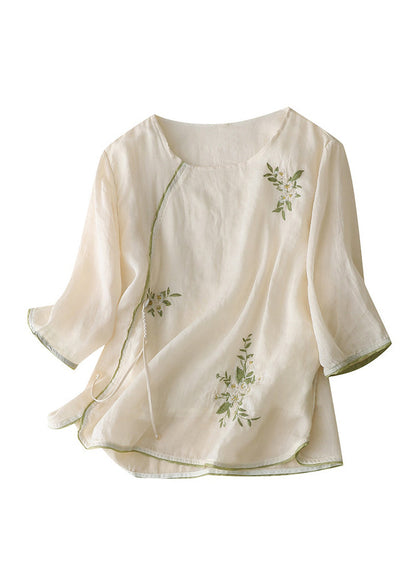 New Retro Apricot Embroidered Chinese Button Linen Shirt Top Summer
