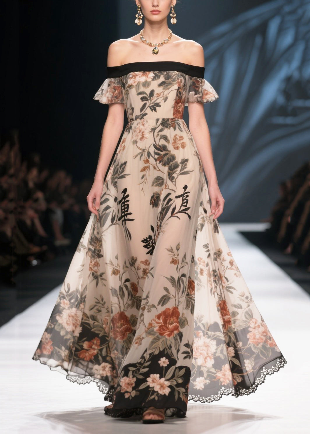 New Retro Apricot Print Exra Large Hem Chiffon Strapless Dress Summer