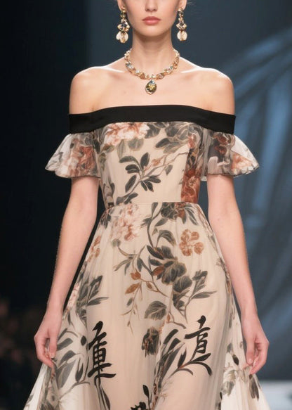 New Retro Apricot Print Exra Large Hem Chiffon Strapless Dress Summer