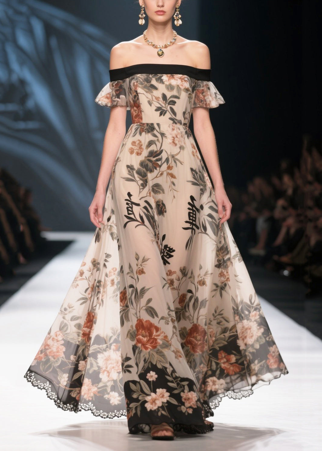 New Retro Apricot Print Exra Large Hem Chiffon Strapless Dress Summer