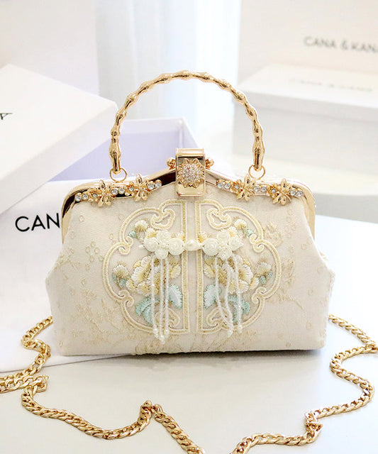 New Retro Beige Embroidered Zircon Cotton Tote Handbag