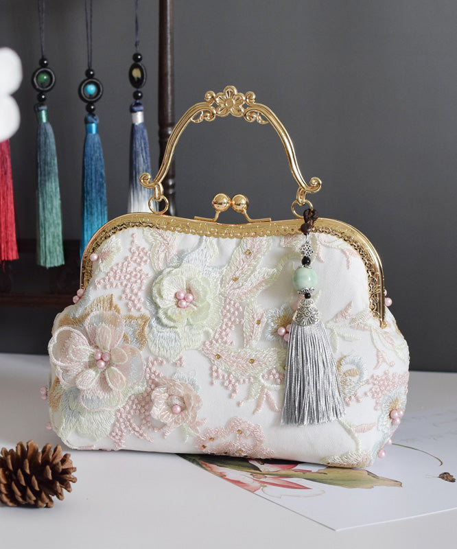 New Retro Beige Lace Embroidered Nail Bead Tote Bag